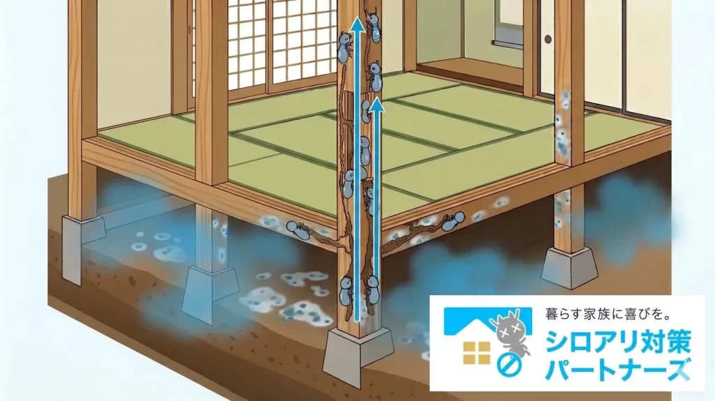 湿った床下からシロアリが柱を伝って上がっていくイメージ図
