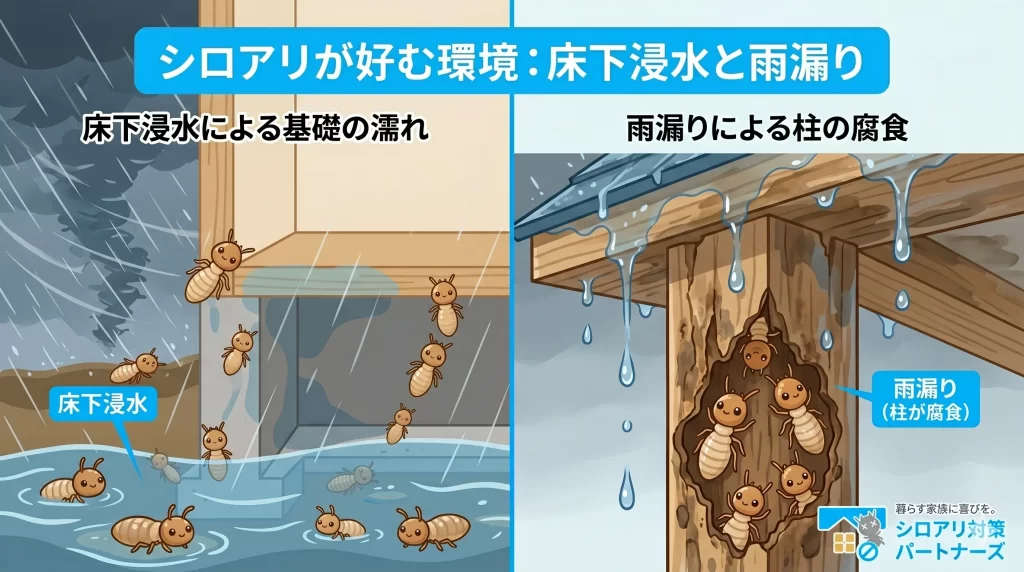 シロアリが好む環境は「雨漏り」と「床下浸水」で作られる
