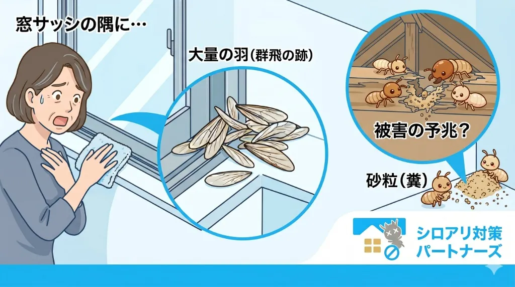 窓のサッシや角に溜まった「羽」や「粒」はシロアリの予兆かも